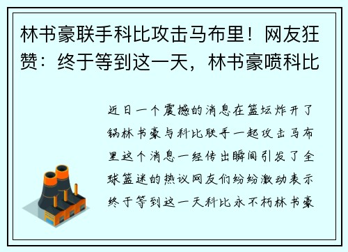 林书豪联手科比攻击马布里！网友狂赞：终于等到这一天，林书豪喷科比不回防