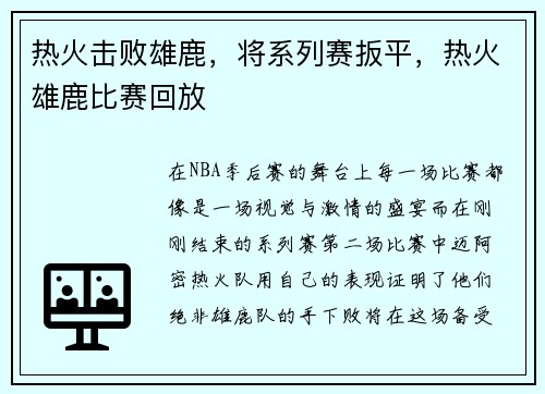 热火击败雄鹿，将系列赛扳平，热火雄鹿比赛回放