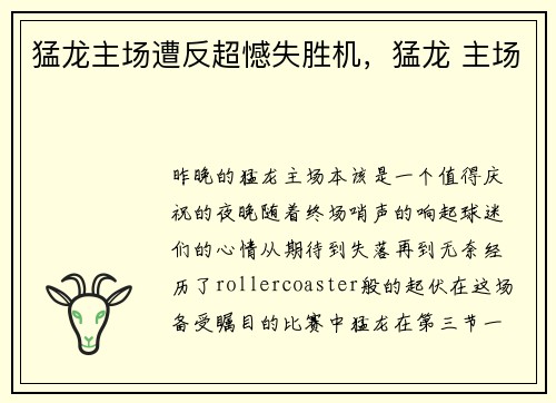 猛龙主场遭反超憾失胜机，猛龙 主场