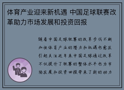 体育产业迎来新机遇 中国足球联赛改革助力市场发展和投资回报