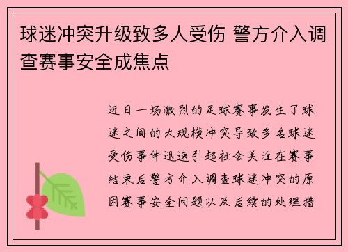 球迷冲突升级致多人受伤 警方介入调查赛事安全成焦点